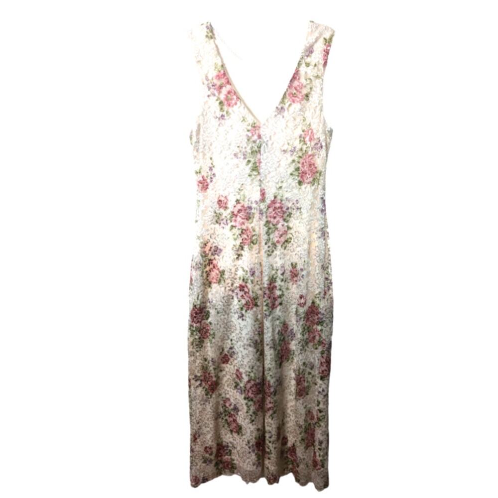 Vintage 90's J.B.S Ltd Maxi Dress Sleeveless Floral Lace Sheer Overlay V Back - Picture 3 of 10